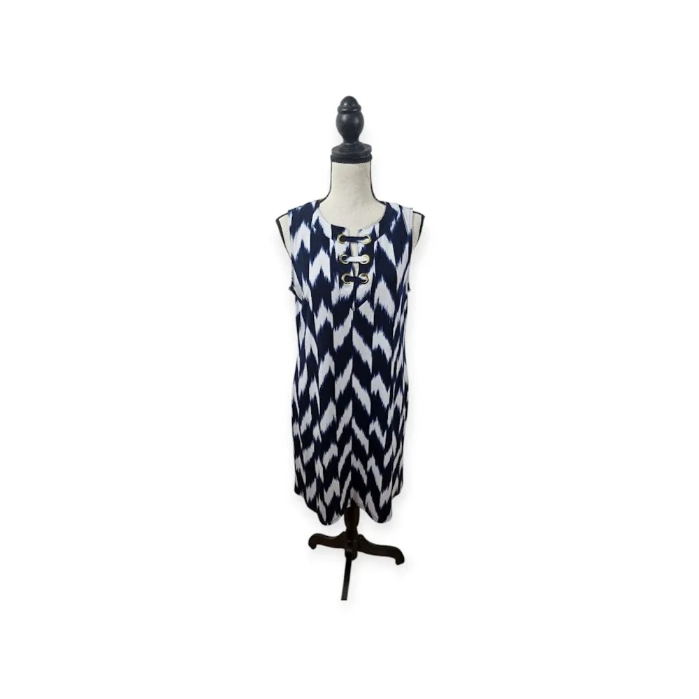 Michael Kors Dress Womens Medium Navy Ikat Chevron Grommet Sleeveless‎ Shift